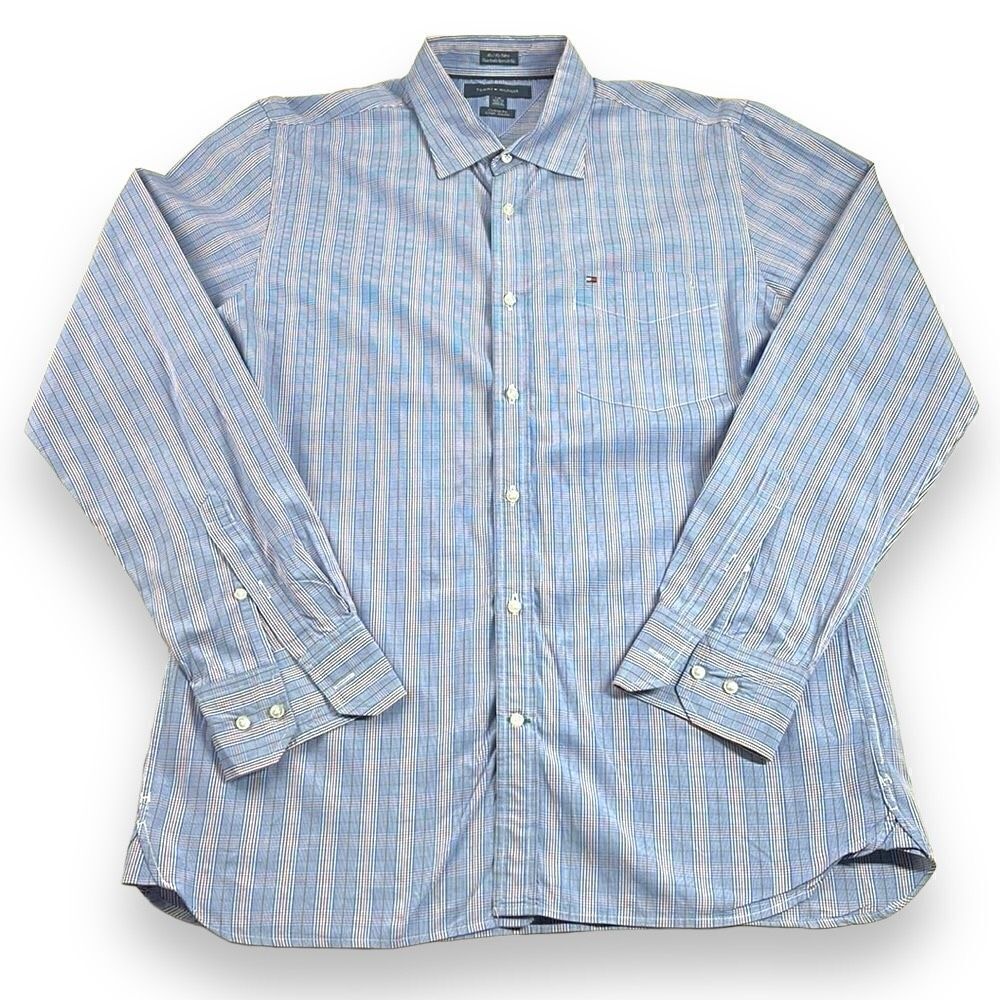 Tommy‎ Hilfiger Shirt Mens Large L Blue Plaid Custom Fit Long Sleeve Button Down